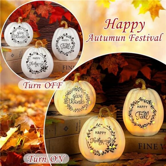 3 Pack Happy Fall White Pumpkin Light Tabletop Decor Set Pumpkin Resin with LED - Picture 4 of 7
